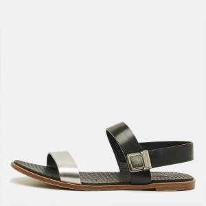 Pre Owned Miu Miu Size 39 Black/Silver Leather Slingback Flat Sandals 