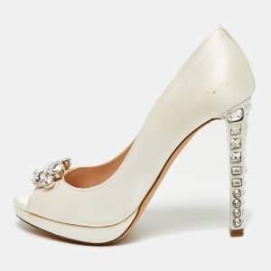 Pre Owned Miu Miu Size 39 White Satin Crystal Embellished Peep Pumps