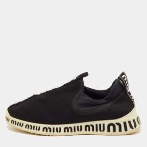 Pre Owned Miu Miu Run Size 37 Black Neoprene and Stretch Knit Crystal Embellished Slip On Sneakers