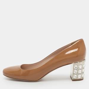 Pre Owned Miu Miu Embellished Size 41 Beige Patent Leather Pumps