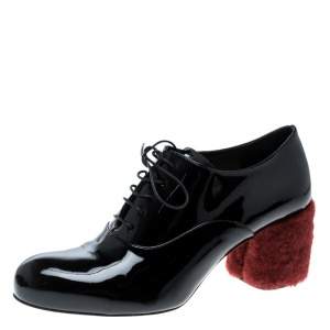 Miu Miu Black Patent Leather Red Shearling Fur Heel Oxfords Size 37
