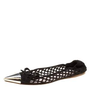 Miu Miu Black Laser Cut Suede Metal Cap Toe Ballet Flats Size 37.5