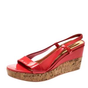 Miu Miu Coral Pink Patent Leather Slingback Cork Wedges Platform Sandals Size 39