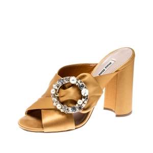 Miu Miu Yellow Satin Crystal And Faux Pearl Embellished Brooch Peep Toe Mules Size 38