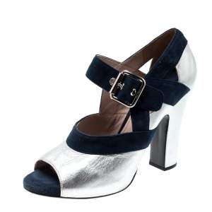 Miu Miu Metallic Silver Leather And Blue Suede Mary Jane Peep Toe Pumps Size 38.5