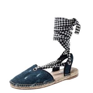 Miu Miu Blue Denim Fabric Tie Up Espadrille Flats Sandals Size 40