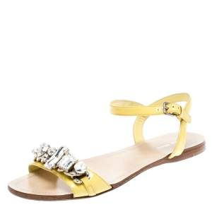 Miu Miu Yellow Patent Leather Crystal Embellished Ankle Strap Flat Sandals Size 37