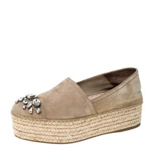 Miu Miu Beige Nubuck Embellished Platform Espadrilles Flats Size 38