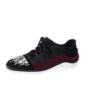 Miu Miu Black/Maroon Fabric and Suede Jeweled Toe Sneakers Size 38