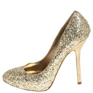 Miu Miu Metallic Gold Coarse Glitter Platform Pumps Size 38.5
