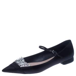 Miu Miu Black Satin Jewel Embellished Ballet Flats Size 39