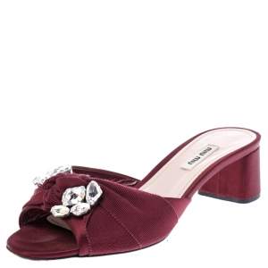 Miu Miu Burgundy Satin Crystal Embellished Open Toe Sandals Size 39.5