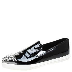 Miu Miu Black Patent Leather Embellished Slip On Loafers Size 37