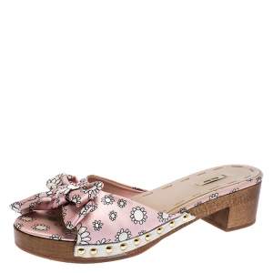Miu Miu Pink/White Printed Satin Bow Wooden Platform Sandals Size 39.5