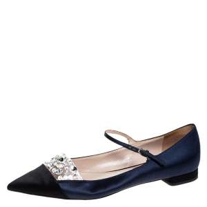 Miu Miu Blue/Black Satin Crystal Embellished Mary Jane Pointed Toe Ballet Flats Size 38.5