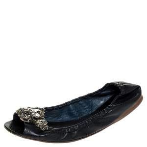 Miu Miu Blue Leather Crystal Embellished Open Toe Scrunch Ballet Flats Size 36.5