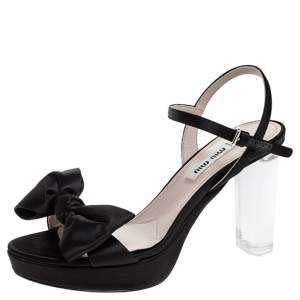 Miu Miu Black Satin And Perspex Heel Bow Detail Platform Ankle Strap Sandals Size 35