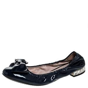 Miu Miu Blue Patent Leather Bow Detail Crystal Embellished Heel Scrunch Ballet Flats Size 35