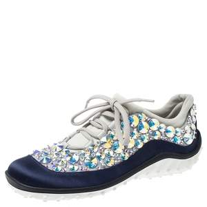 Miu Miu Blue/Grey Embellished Satin and Mesh Astro Sneakers Size 35