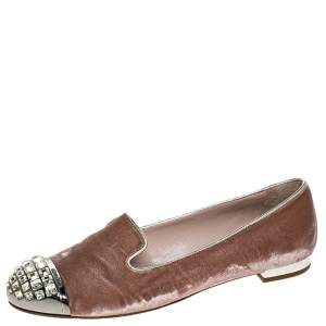 Miu Miu Pale Pink Velvet Crystal Embellished Cap Toe Smoking Slippers Size 38