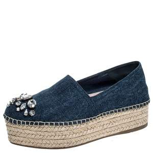 Miu Miu Blue Crystal Embellished Denim Platform Espadrilles Size 37.5