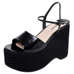 Miu Miu Black Leather Mesh Wedge Paltform Ankle Strap Sandals Size 38