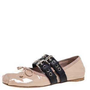 Miu Miu Beige Patent Leather And Leather Buckle Detail Ballet Flats Size 37.5