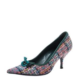 حذاء كعب عالي ميو ميو مقدمة مدببة تويد زخرفة زهور متعدد الألوان مقاس 38.5