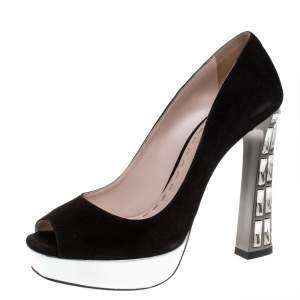 Miu Miu Black Suede Crystal Heel Peep Toe Platform Pumps Size 38.5