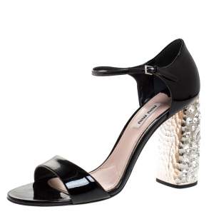 Miu Miu Black Patent Leather Crystal Embellished Heel Ankle Strap Sandals Size 39.5