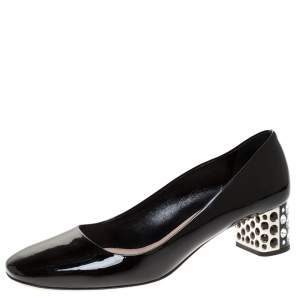 Miu Miu Black Patent Leather Crystal Embellished Block Heel Pumps Size 38.5