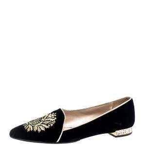 Miu Miu Black Velvet Embroidered Crystal Embellished Pointed Toe Flats Size 36 