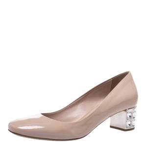 Miu Miu Beige Patent Leather Crystal Heel Pumps Size 37