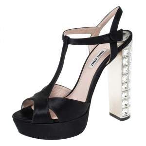 Miu Miu Black Cut Out Satin T Strap Crystal Embellished Heel Platform Sandals Size 38