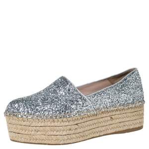 Miu Miu Silver Glitter Fabric Platform Espadrilles Size 37.5