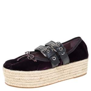Miu Miu Purple Velvet And Black Double Leather Strap Bow Ballet Platform Espadrilles Size 38