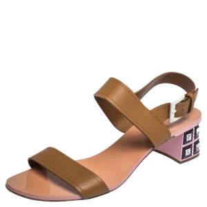 Miu Miu Brown Leather Crystal Embellished Block Heel Ankle Strap Sandals Size 40