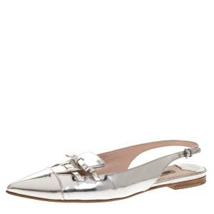 Miu Miu Silver Foil Leather Pointed Toe Bow Slingback Flat Sandals Size 37.5