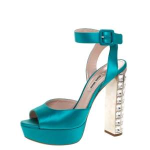 Miu Miu Green Satin Crystal Embellished Heel Platform Ankle Cuff Sandals Sandals Size 38