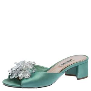 Miu Miu Pista Green Satin Crystal Embellished Slide Mules Size 37