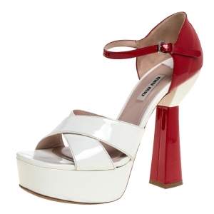 Miu Miu White/Red Patent Leather Platform Cross Strap Sandals Size 38