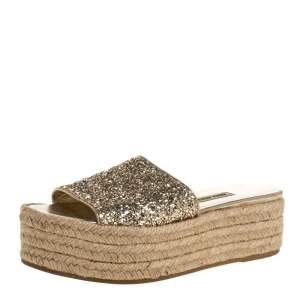 Miu Miu Metallic Gold Glitter Espadrille Platform Slide Sandals Size 36