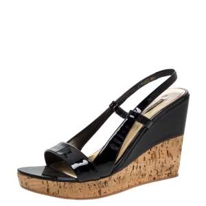 Miu Miu Black Patent Leather Slingback Cork Wedge Platform Sandals Size 39
