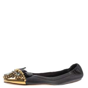 Miu Miu Black Leather Crystal, Bead And Bow Embellished Cap Toe Ballet Flats Size 40