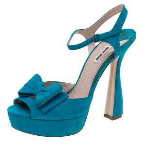Miu Miu Blue Suede Bow Ankle Strap Platform Sandals Size 41