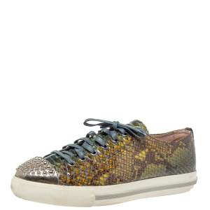 Pre Owned Miu Miu Green Python Print Glossy Leather Studded Cap Toe Sneakers Size 40