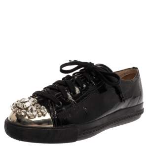 Pre Owned Miu Miu Black Patent Leather Crystal Studded Sneakers Size 39