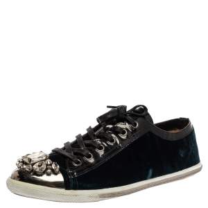 Pre Owned Miu Miu Midnight Blue Suede Studded Cap Toe Sneakers Size 39.5