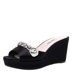 Miu Miu Black Satin Crystal Embellished Wedge Platform Open Toe Sandals Size 36