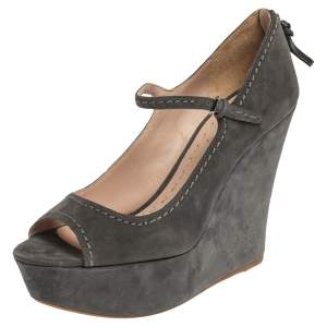Miu Miu Grey Suede Mary Jane Peep New Wedges Size 40.5